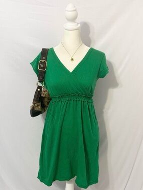 Vintage Green Ruffled V Neck Babydoll Dress